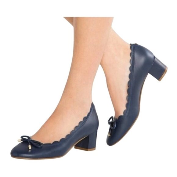 Kate Spade Scalloped Navy Blue Leather Block Heels With Bow Detail For Women Siz - Picture 1 of 10